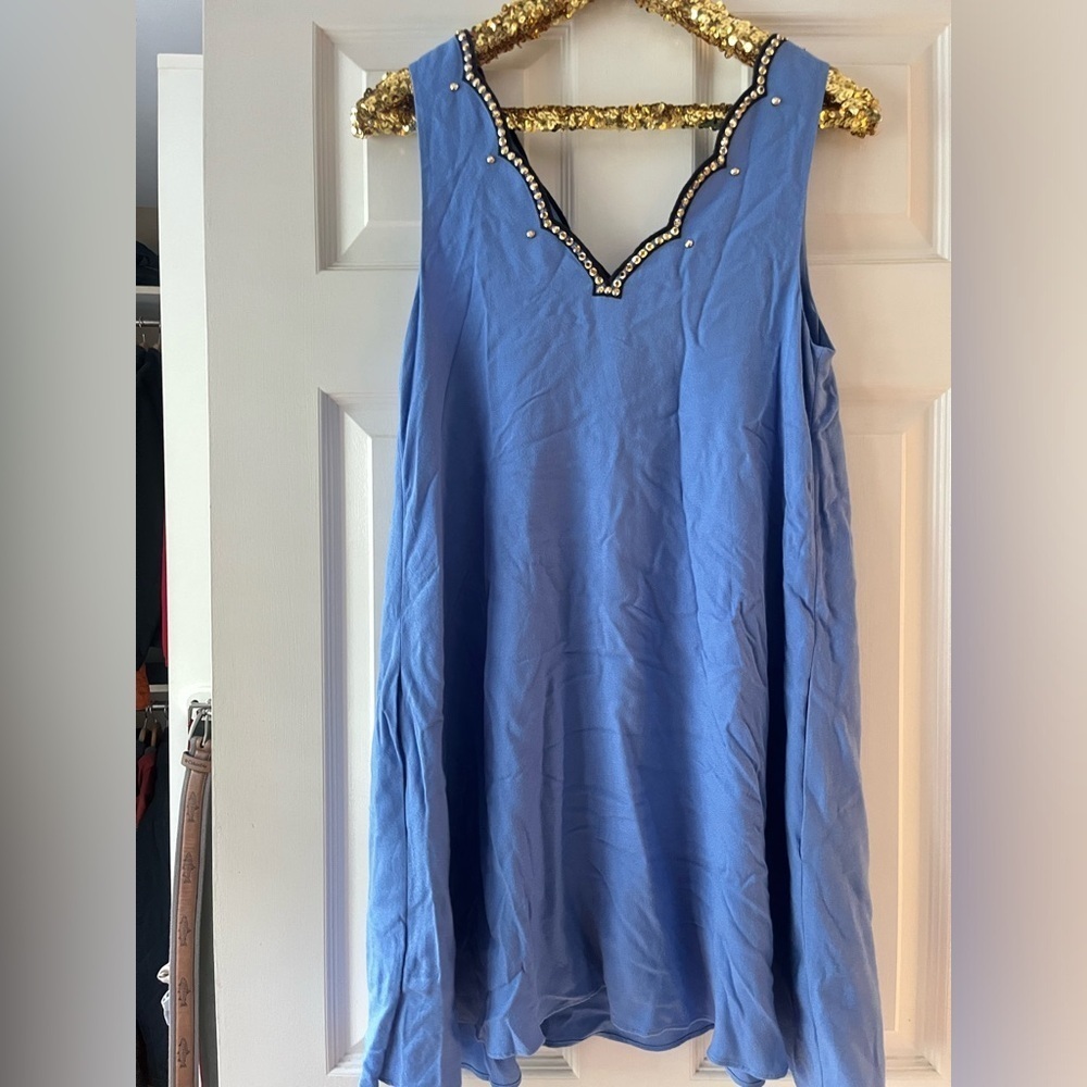 Lilly Pulitzer Owen Blue Embelished Swing Dress Gold Jewel Navy Embroidery Trim - Picture 5 of 10